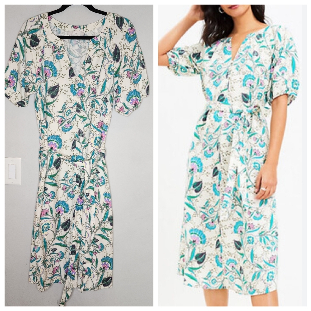 Ann Taylor Loft Linen Floral V-Neck Puff Sleeve Midi Dress Size MP Belted - Picture 1 of 16